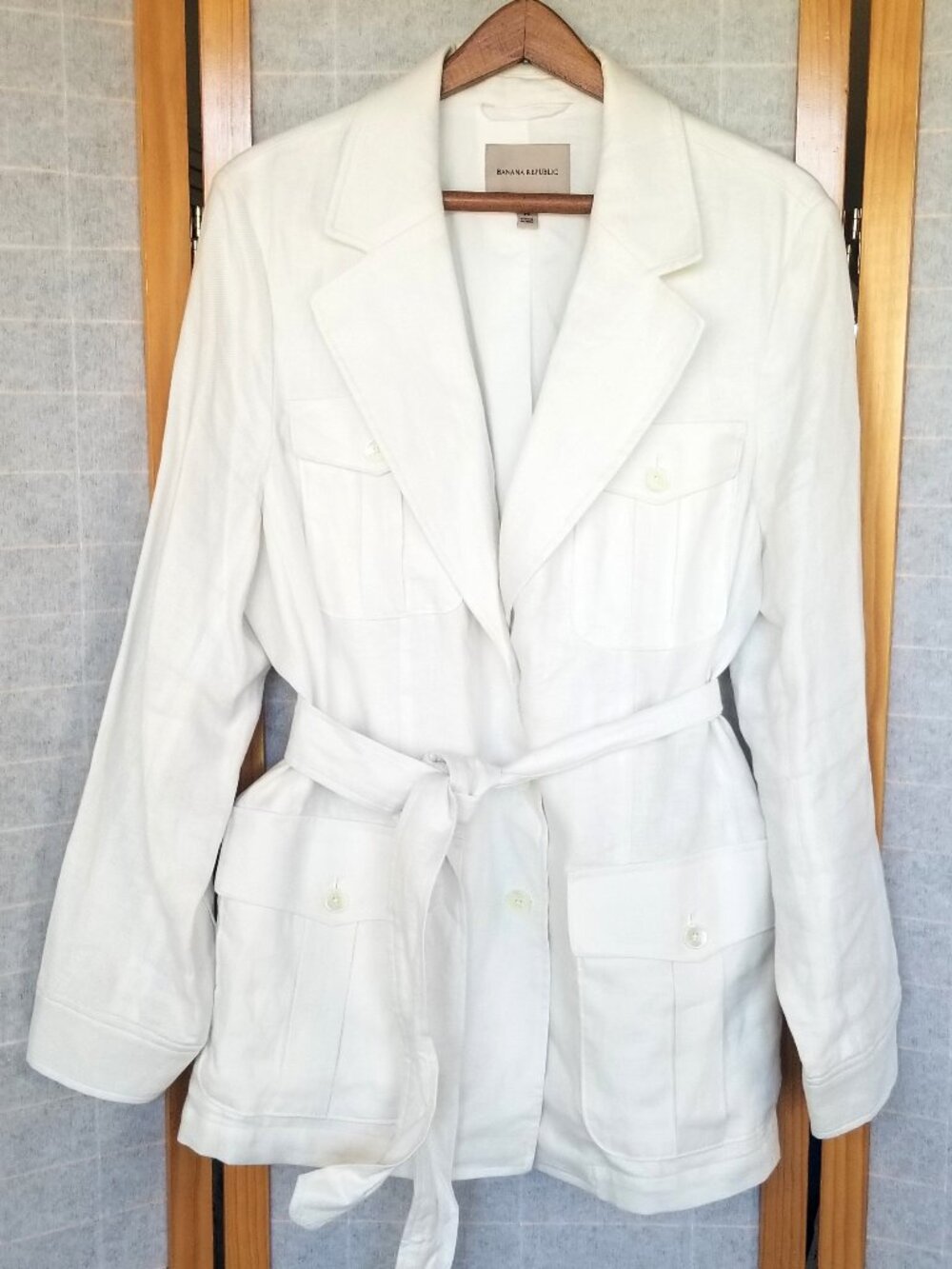 Banana Republic Heritage Utility Jacket Blazer Belted Safari Ivory Linen Size 14